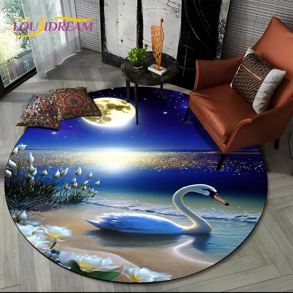 3D Dream Love Swan Cartoon Cygnus Girl Gift Round Carpet Rug for Living Room Bedroom Child Decor,Pet Area Rug Non-slip Floor Mat