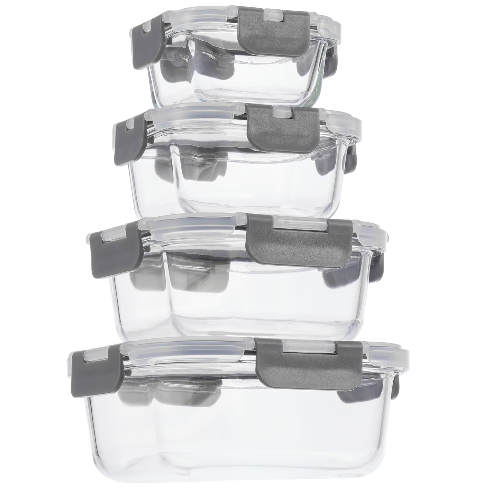 AILTEC Glass Storage Set of Airtight Glass Glass and Dishwasher with Square Heat-Resistant Containers, 4, Containers, Tupperware, Microwave, Oven, серый