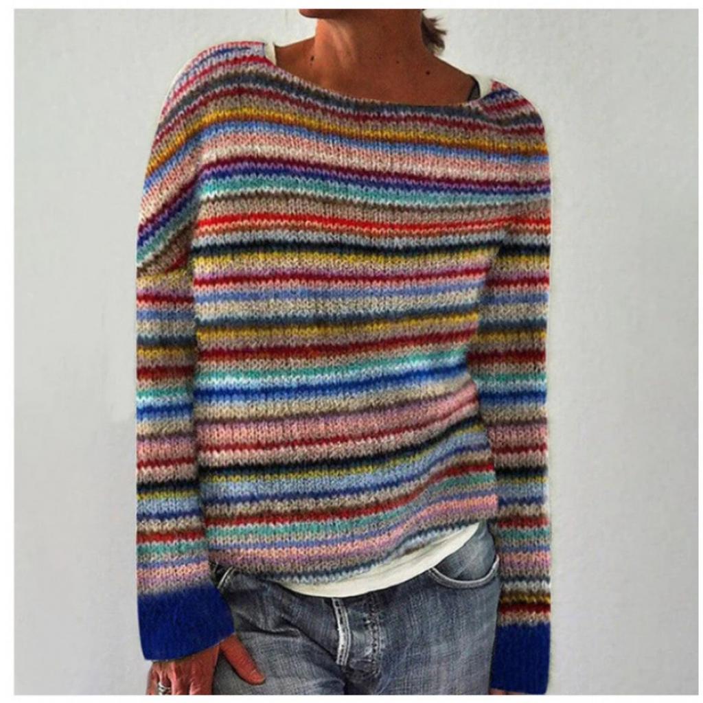 Women's Round Neck Color Blocked Loose and Fashionable Pullover Knitted Sweater for Autumn and Winter