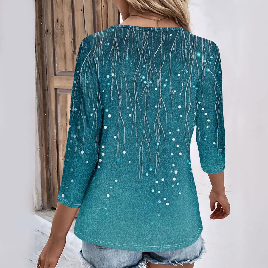 Womens 3/4 Sleeve Daily Weekend V Neck Casual Printed Tshirts Loose Fit Pleated Tees Button Down Shirts