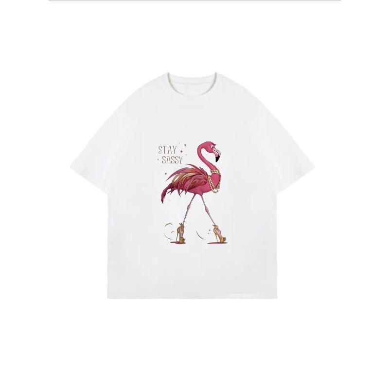 T-shirt Bianca Oversize con Stampa di Fenicottero e 'Stay Sassy' per Uso Casual