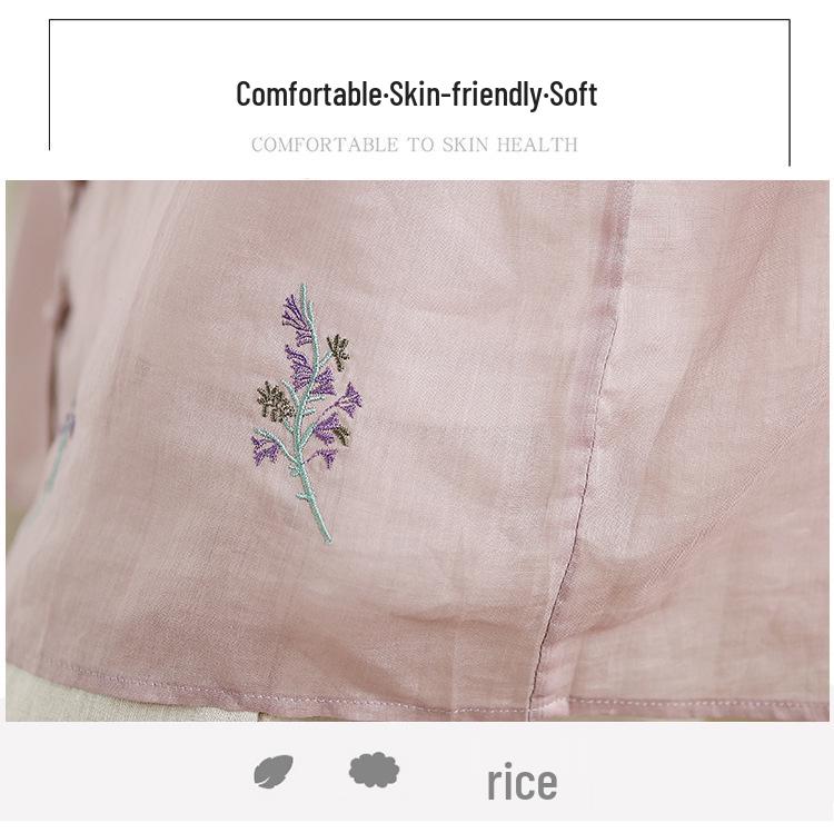 Women's V-Neck Cotton & Linen Embroidered Shirt with 5-Point Sleeves - New Chinese Style, Loose Fit, Versatile for Summer.