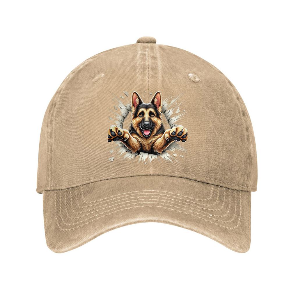German Shepherd Bursting Through Graphic Baseball Cap Distressed Cotton Adjustable Casual Hat for Adults
