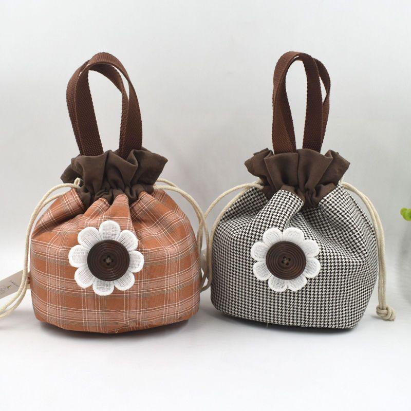 Canvas Bucket Bag, Women's Japanese Style Portable Bento Bag, Retro Artistic Small Bag, Drawstring Bag, Hand-held Lunch Box Bag