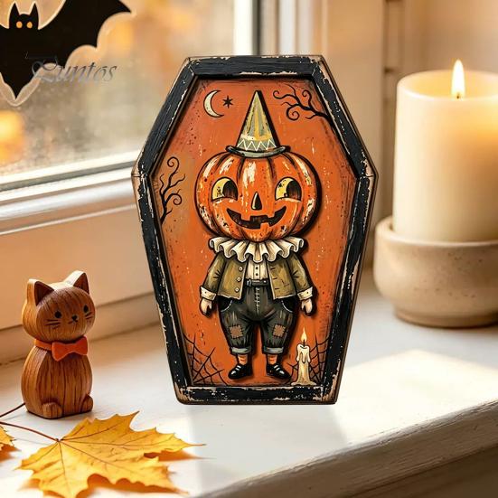 Fall Farmhouse Tabletop Centerpiece Vintage Halloween Wooden Decor, Cat Mummy Skeleton Figurines, Decorative Signs for Fireplace Shelf Mantel