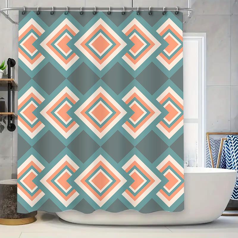 

Зеленая и персиковая шторка для душа с ромбовидным узором, водонепроницаемая ткань для декора ванной комнаты – современный геометрический дизайн, в комплекте 12 крючков 90x180cm