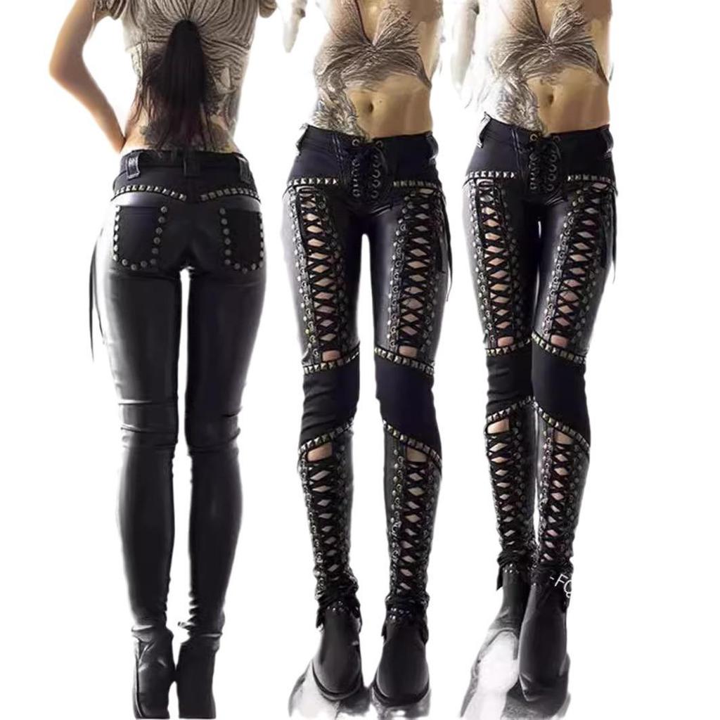 New Rock Pencil Skinny Pants, Strappy Leggings, Women's Pants, Leather Pants