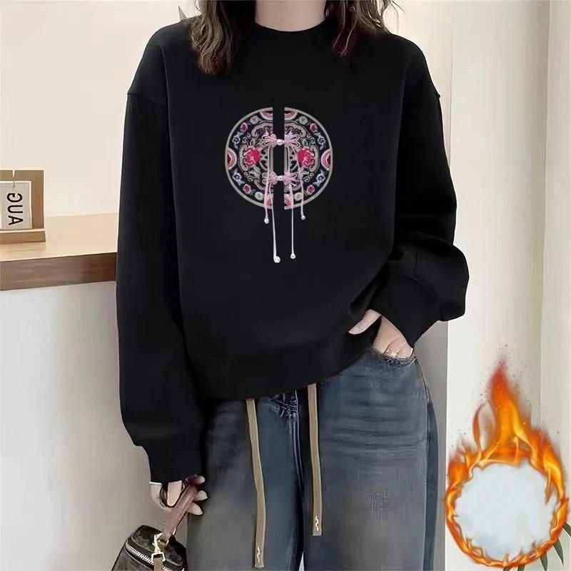 Chinese Embroidery Women Crew Neck Pullover Autumn Winter Fleece Lined Thick Casual Elegant Top