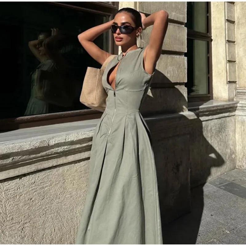 

Элегантное однотонное платье без рукавов на молнии для женщин, летние плиссированные платья с круглым вырезом, повседневные женские халаты для поездок на работу и обратно L зелёный