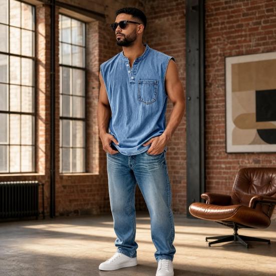 Men's Sleeveless Shirts, V Neck Breathable Shirts, Casual Summer Lightweight Pocket Top, Button Up Solid Color Stretchable Top for Summer