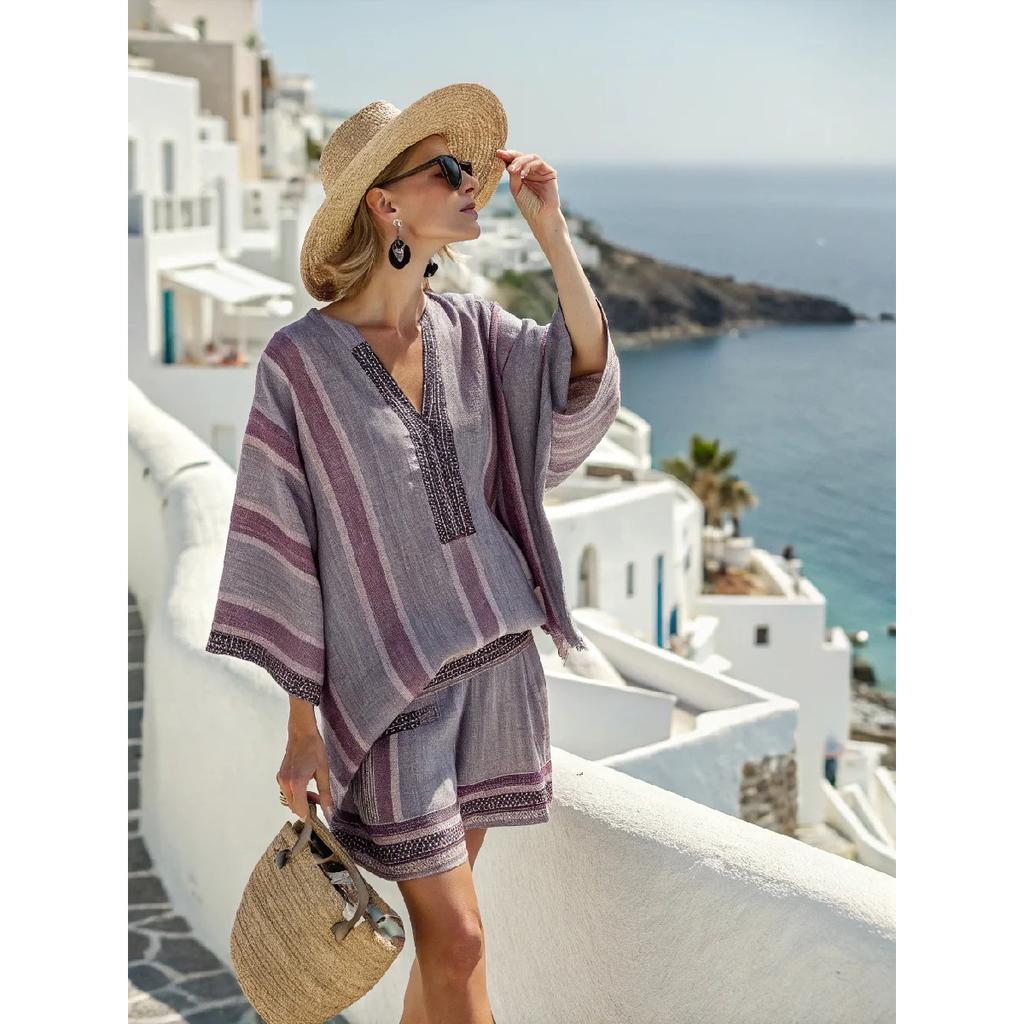 Women's Two-piece Set Vertical Striped Top Women's Summer Loose Casual Versatile V-neck Flying Sleeve Shirt Shorts Suit