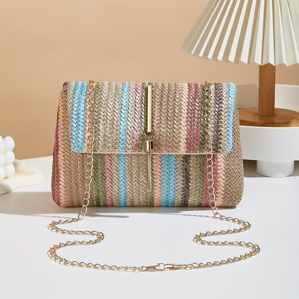 Bunte gestreifte gewebte Umhängetasche für Damen, Elegante Handtasche mit abnehmbarem Riemen, Regenbogenstreifenmuster, Umhängetasche, Kleine Crossbody-Tasche