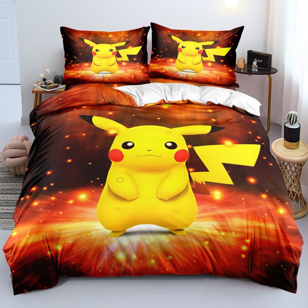 Sött P-Pokémon Sängkläder Set för Barn Pojkar Tecknad Tryckt Påslakan Täcke Set Pikachu Överdrag Sängkläder Set