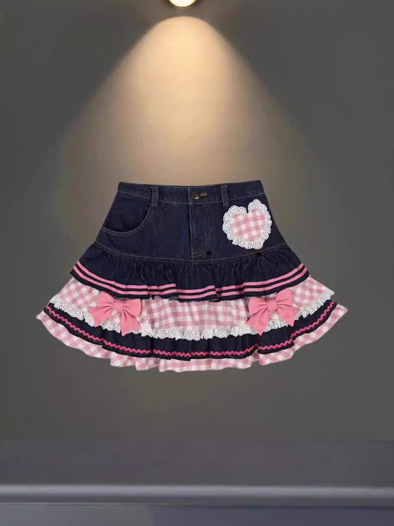 

European & American Style Summer Pink Pleated Denim Skirt for Women - Petite & Lightly Mature M