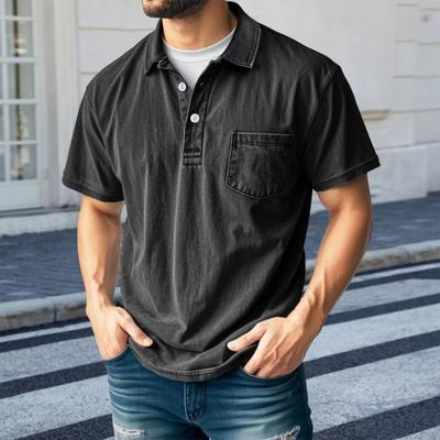Men Distressed Lapel T-Shirt Short Sleeve Casual Tee Shirt Summer Button Up Collar T-Shirt with Pocket for Work Street Daily Wear