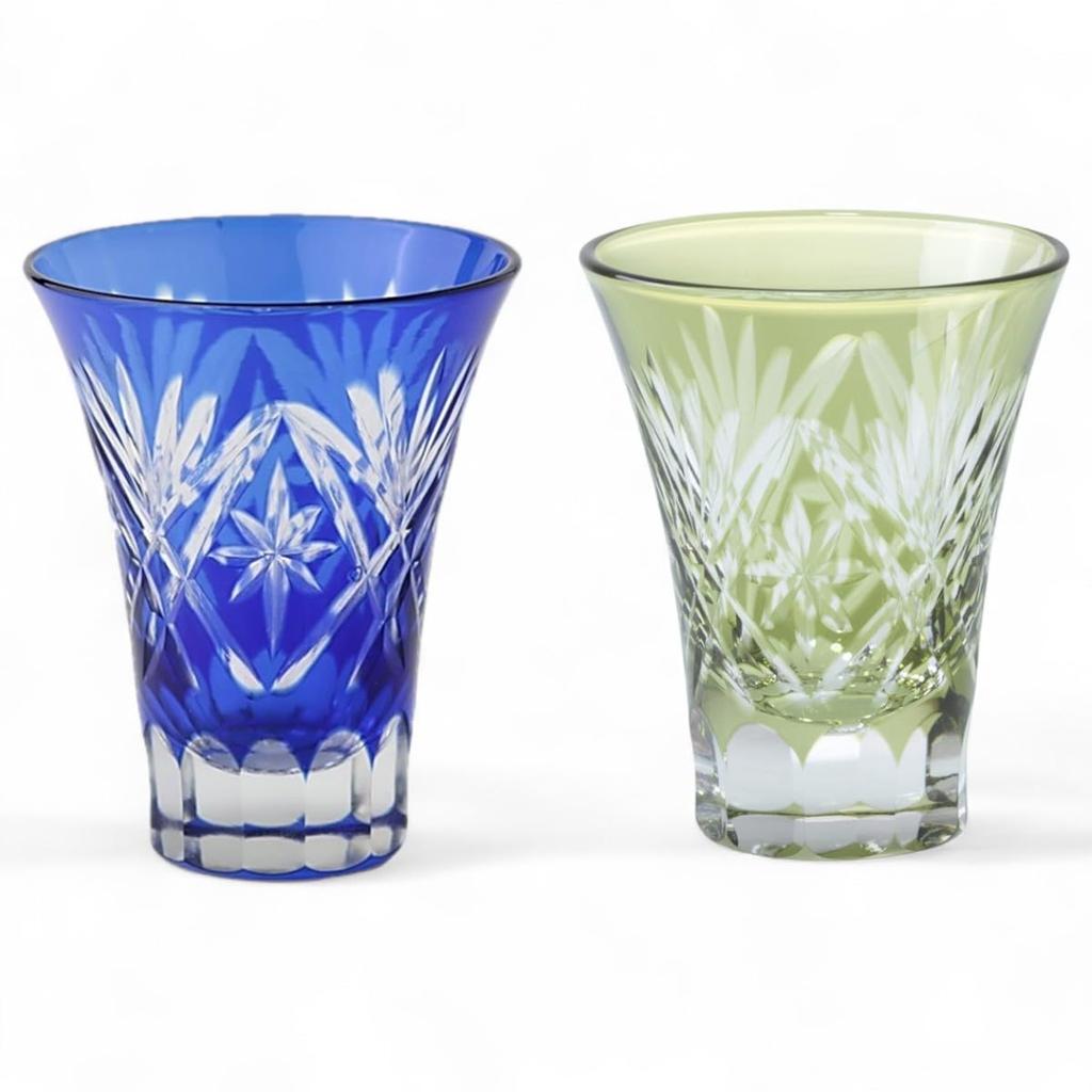 Mizukage Kiriko Pair Glass Cups for Cold x Star Fan Blue Bishou Current Model J-kitchens Sake, 6.2 7.8 cm, 60cc, & Green,