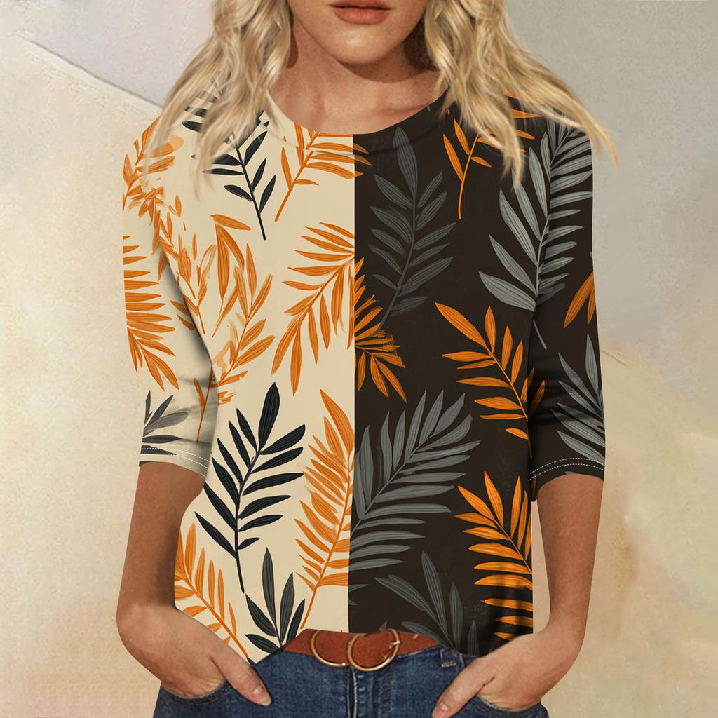 Damen Frühlings-Oberteile Rundhals 3/4 Ärmel Sommerhemden für Damen Lässig Bedruckt Locker Geschnitten Damen Sommerhemden
