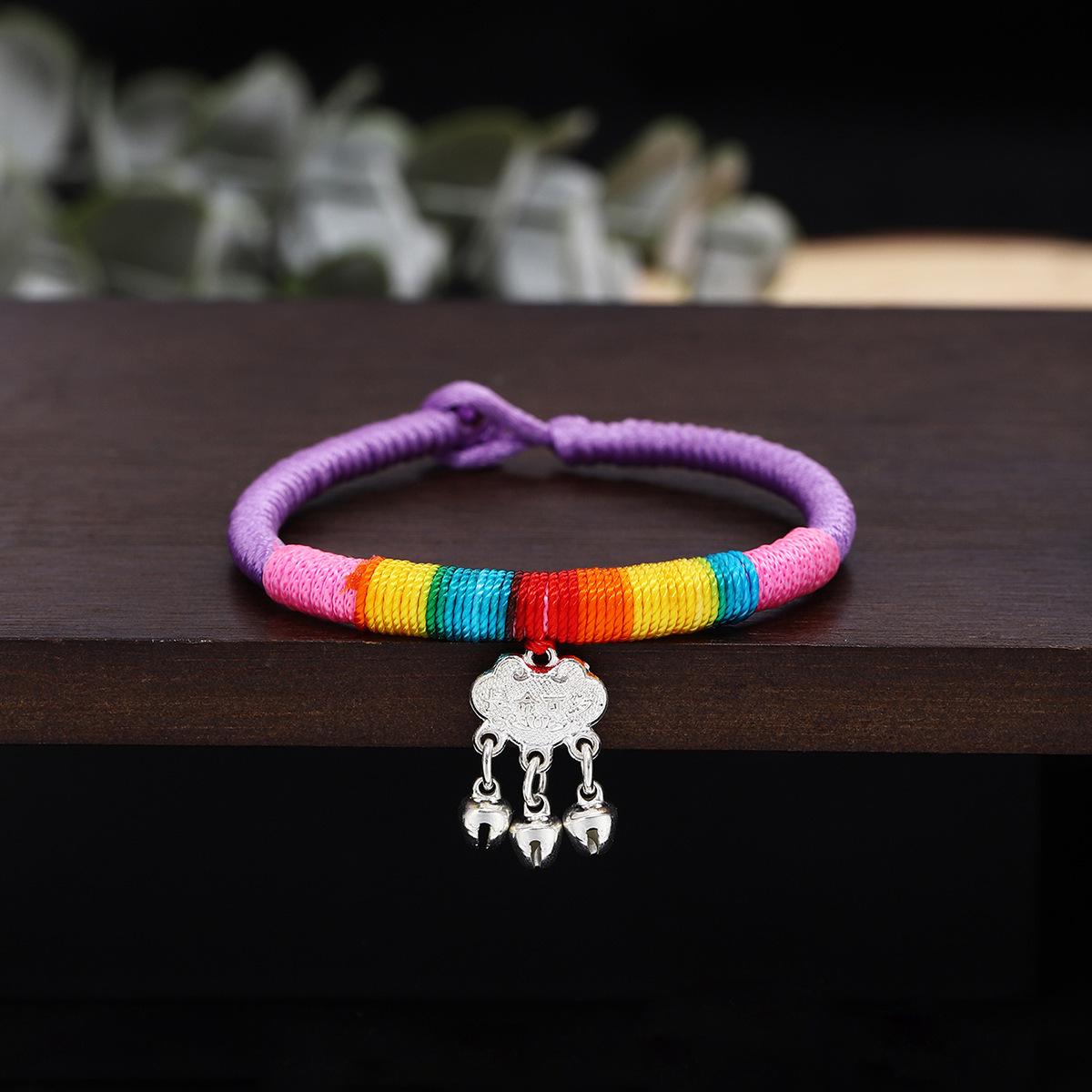 Women s Ethnic Rainbow Rope Longevity Lock Bracelet with Bell - Tibetan Retro Vajra Knot Design