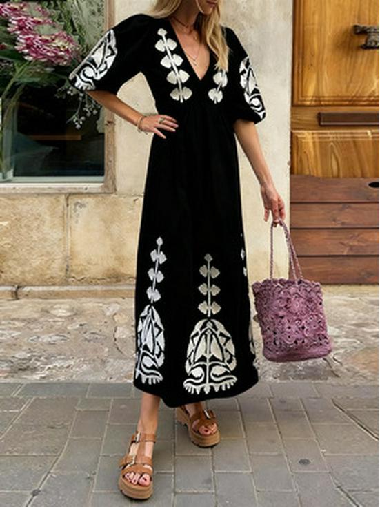 Vestido Casual Holgado para Mujer con Escote en V, Mangas Abullonadas y Espalda Descubierta 2025