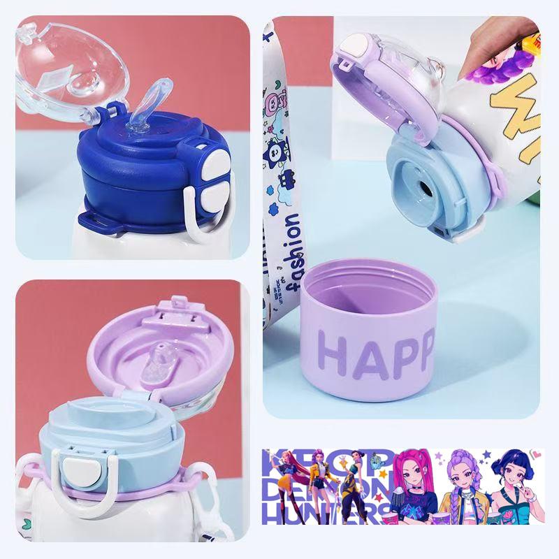 Kpop demonjägare Vattenflaska Dubbla lock med Sugrör och Rem 500ml, 316 Rostfritt Stål, Läckagesäker Anti-Mislock