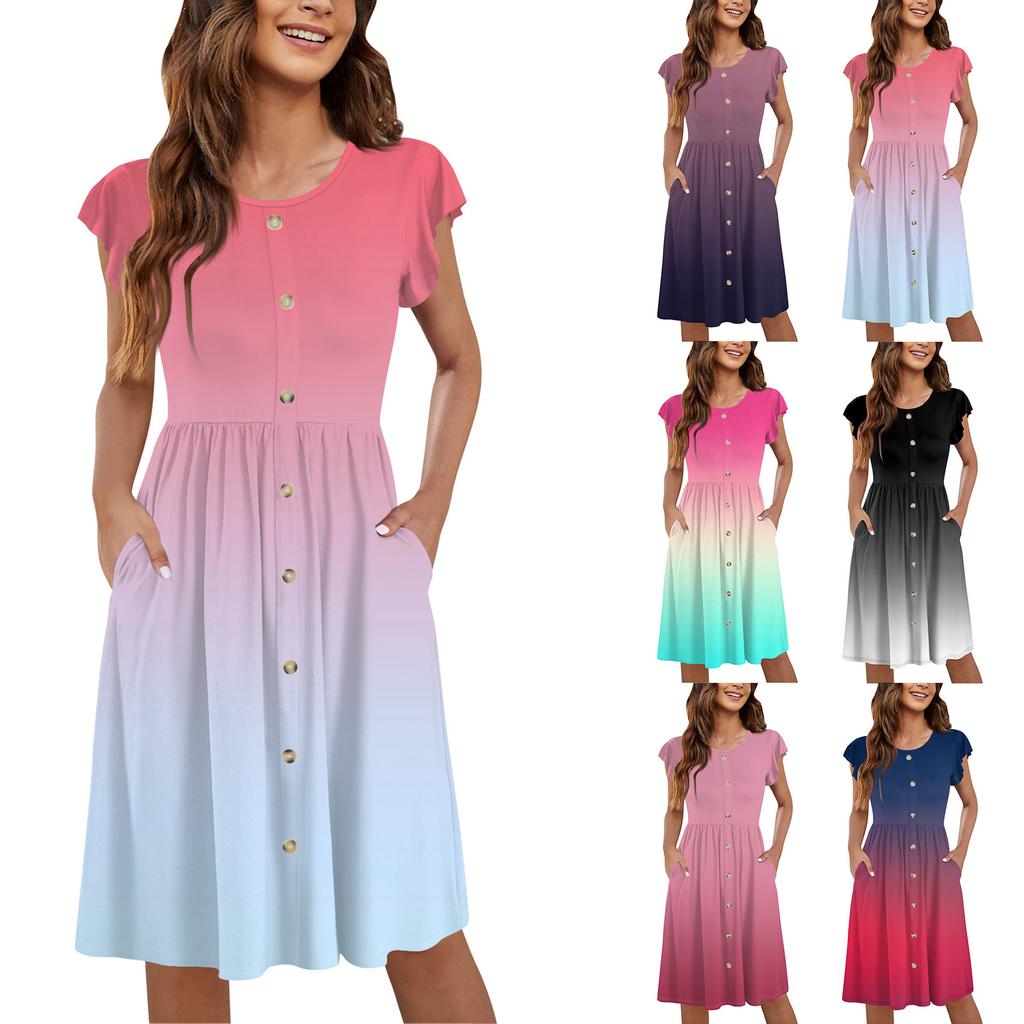 Women's Round Neck Summer Fly Sleeve Casual Printed Loose Button Pocket Midi Dresses