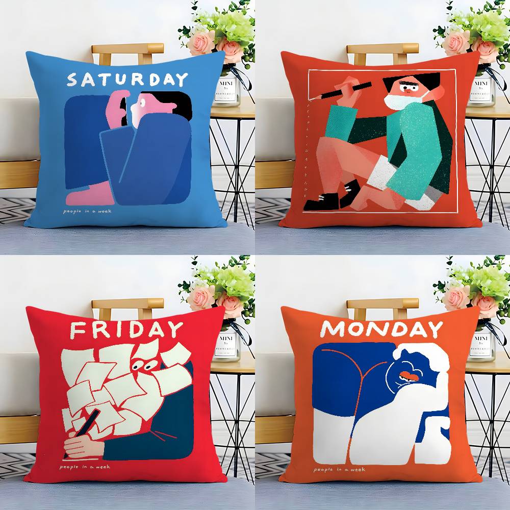 Home Decor Weekday People Illustration Print Pillowcase Pattern Cushion Cover Suitable for Sofa Bedroom Car Pillow Cover