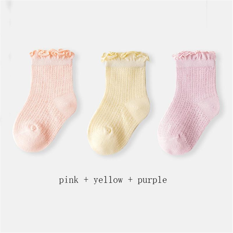 3 Pary/Partia Letnie Dziecięce Siateczkowe Cienkie Skarpetki Jednolite Miękkie Bawełniane Skarpetki Noworodkowe Księżniczka Falbanka Niemowlę Maluch Dziewczynki Śliczne Oddychające Skarpetki