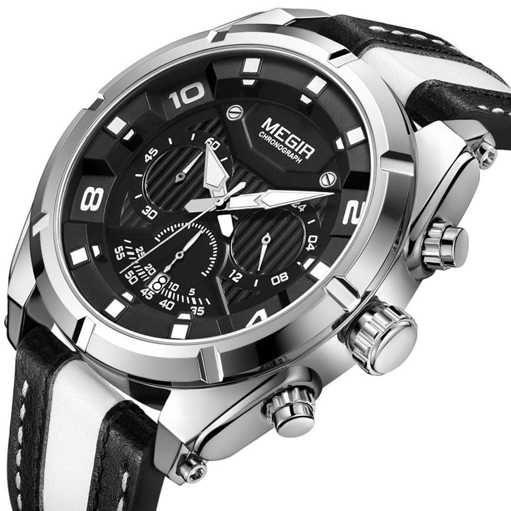 Megir Outdoor Sports Quartz Watches Men Top Luxury Brand Chronograph Leather Waterproof Wristwatches