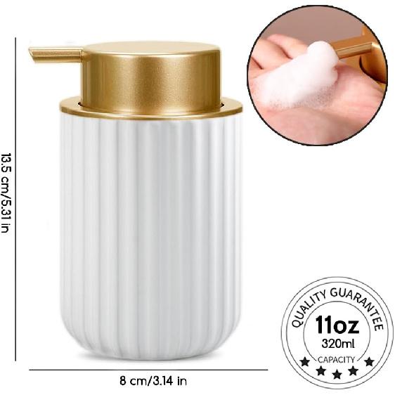 Foaming Hand Soap Dispenser, Kitchen Soap Dispenser with Gold Soap Pump, Ceramic Foam Soap Dispenser for Bathroom,11OZ Refillable Soap Dispenser for