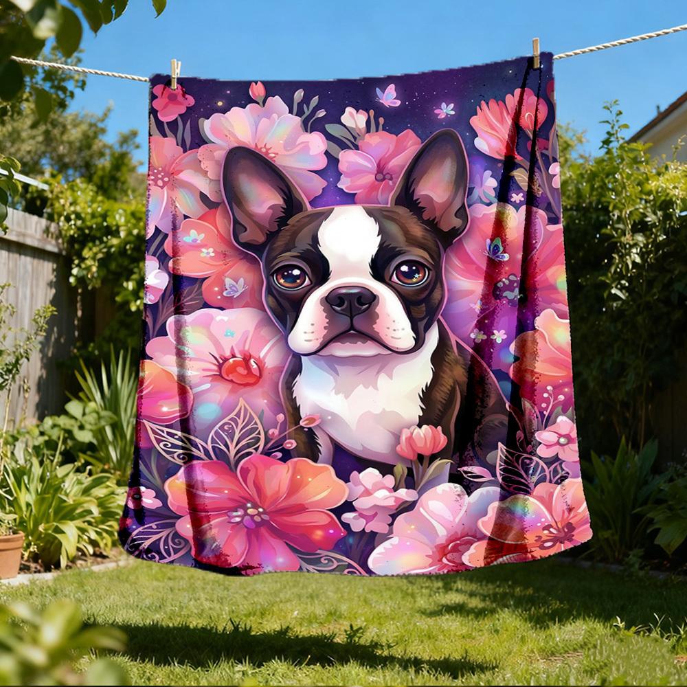 

1pc Floral Boston TerrierOutdoor Blanket, Soft And Comfortable Blanket, Casual Warm Outdoor Blanket, Good Birthday Gift yy260328065 75x90cm