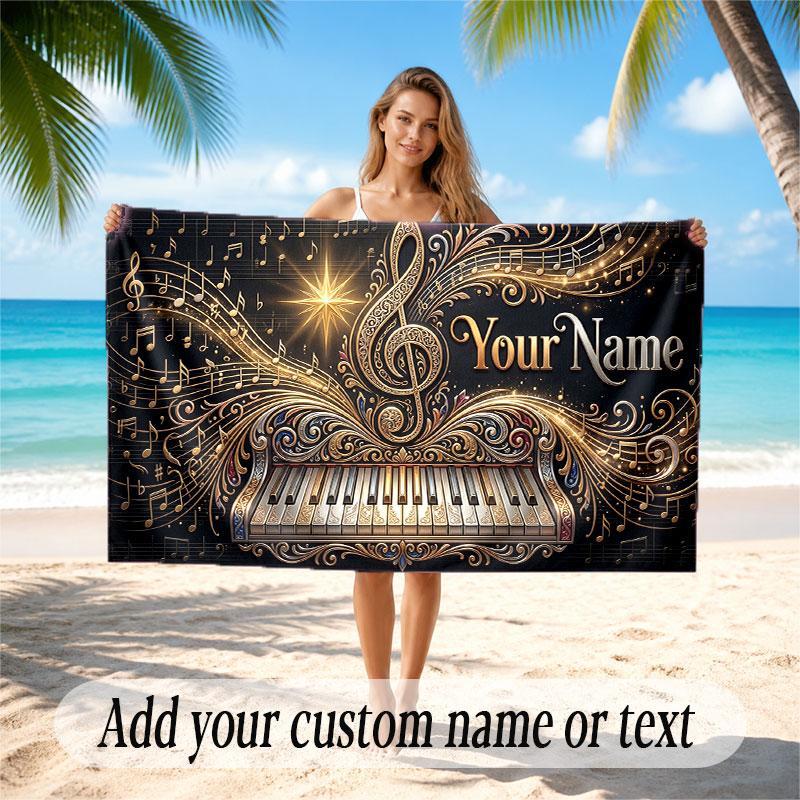 Music Piano Theme Beach Towel Personalized Custom Name & Text Soft Quick Dry Beach Towel for Swimming Travel