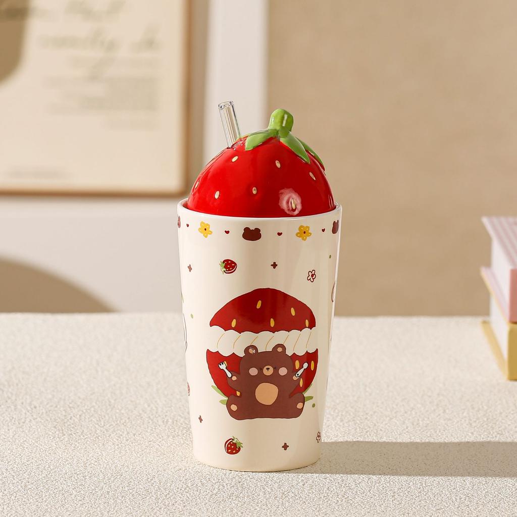Fruit Strawberry Ceramic Cup with Lid Straw House Mug Festive Cup for Girls' High Value Water Cup Small Gift