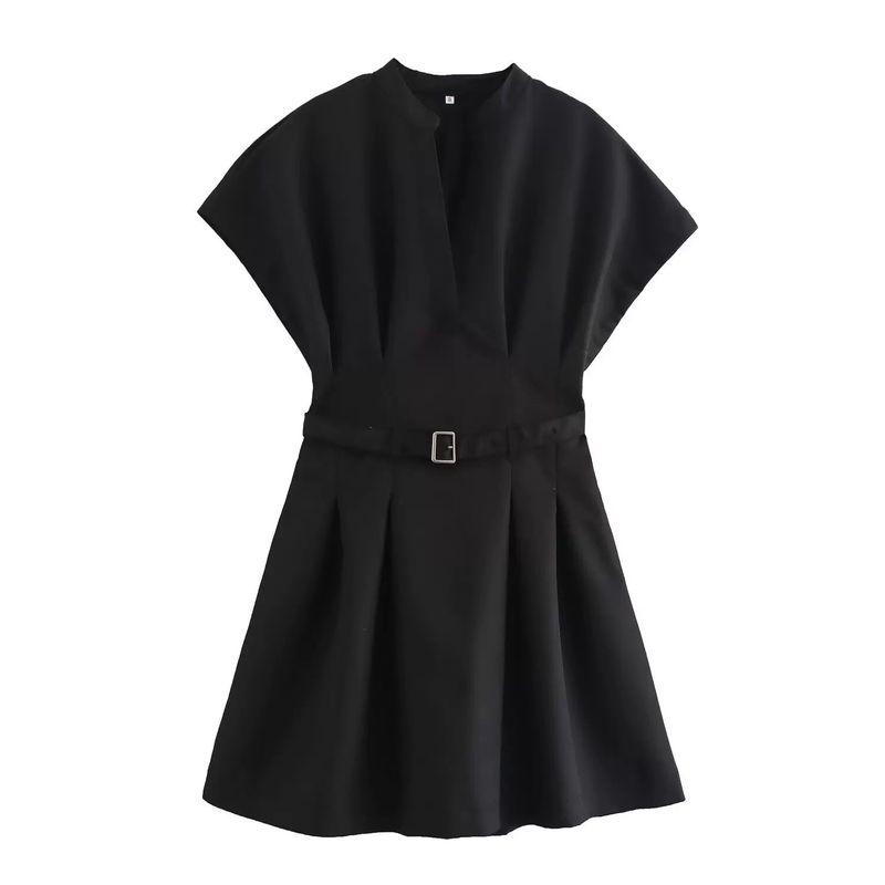 

Zbzr Autumn New Women clothes Western Style Fashion Simple and Versatile With Belt Short Dress 8761298 Black L