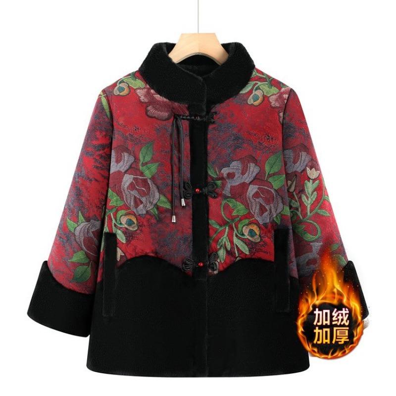 Grandma winter padded jacket with velvet to keep warm old lady Tang coat thick elderly winter clothes