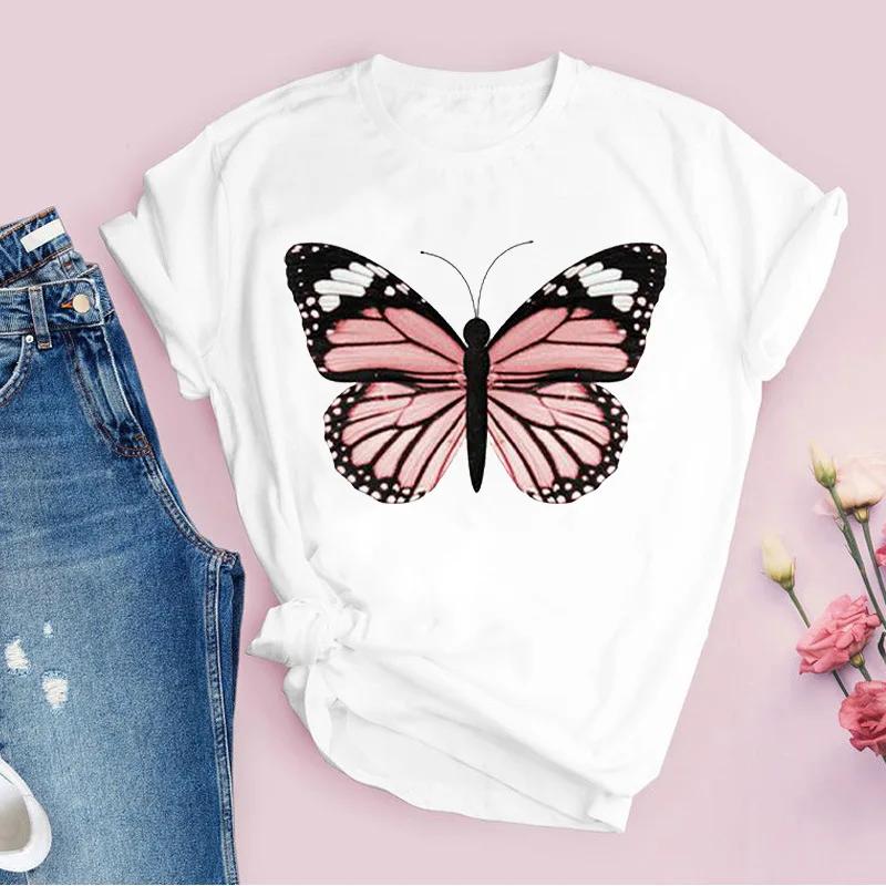 Womens White Love Balloon Butterfly Round Collar Print Tshirt Short Sleeve Graphic Dress Aesthetic Harajuku Style