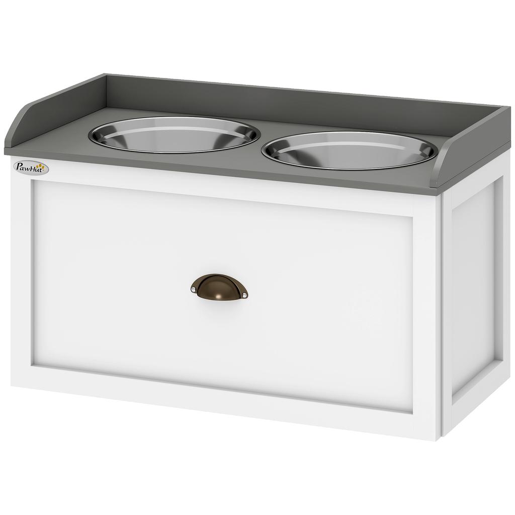 Raised Stainless Steel and Wood Dog Bowls with Drawer, 60x30x36cm, White and Grey