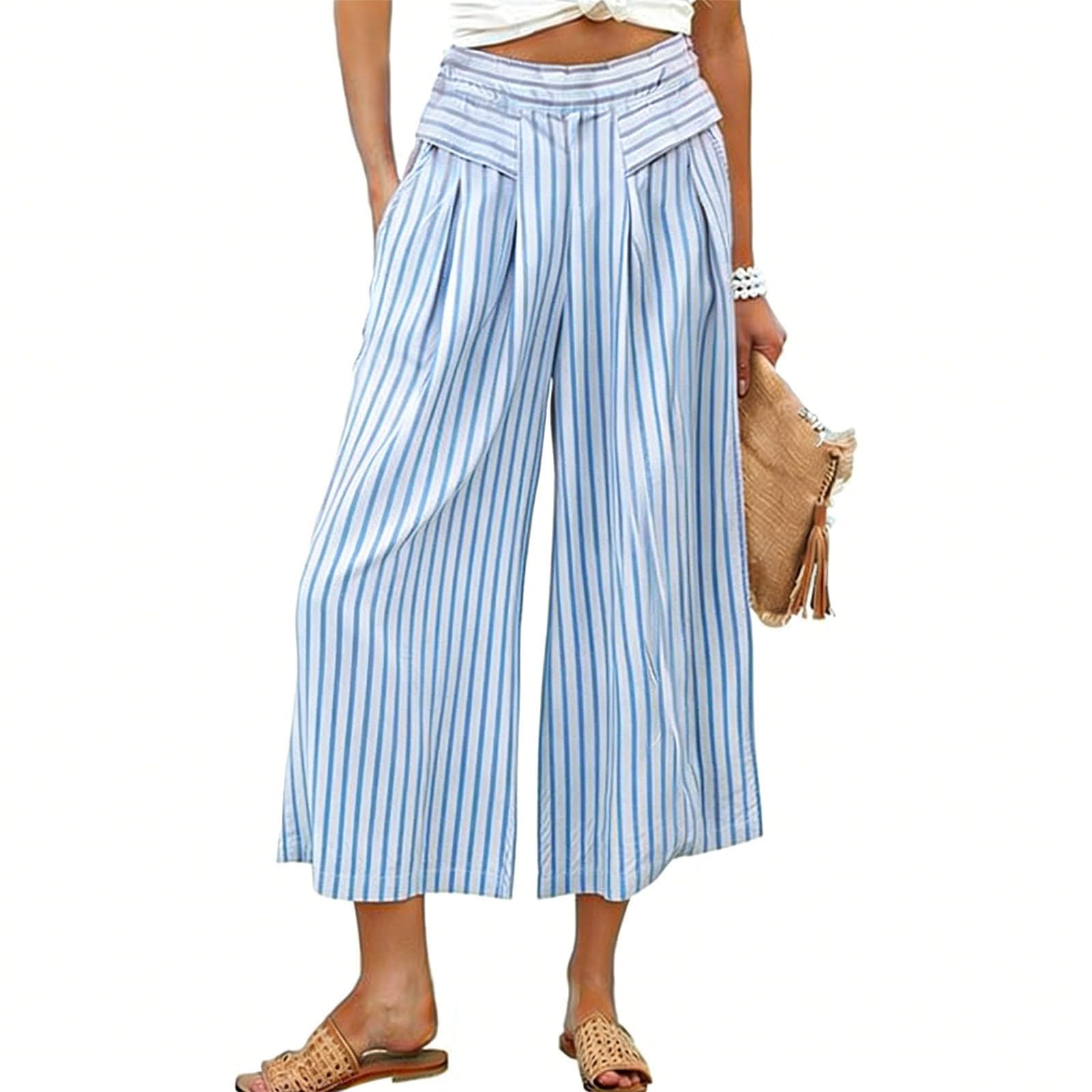 

Women s Striped Wide Leg With High Waist Casual Loose Fit Cropped Pant With Pockets XL синий