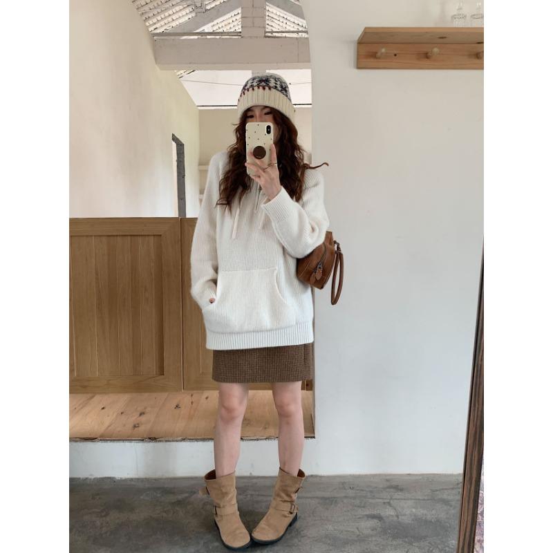 Autumn and Winter New Pullover Sweater Women's Half Zipper Hooded Casual Lazy Wind Outside Knitted Sweater Top