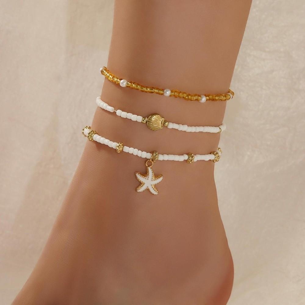 Multilayer Beaded Starfish Shell Ankle Chain Three-Layer Beach Foot Jewelry  Summer