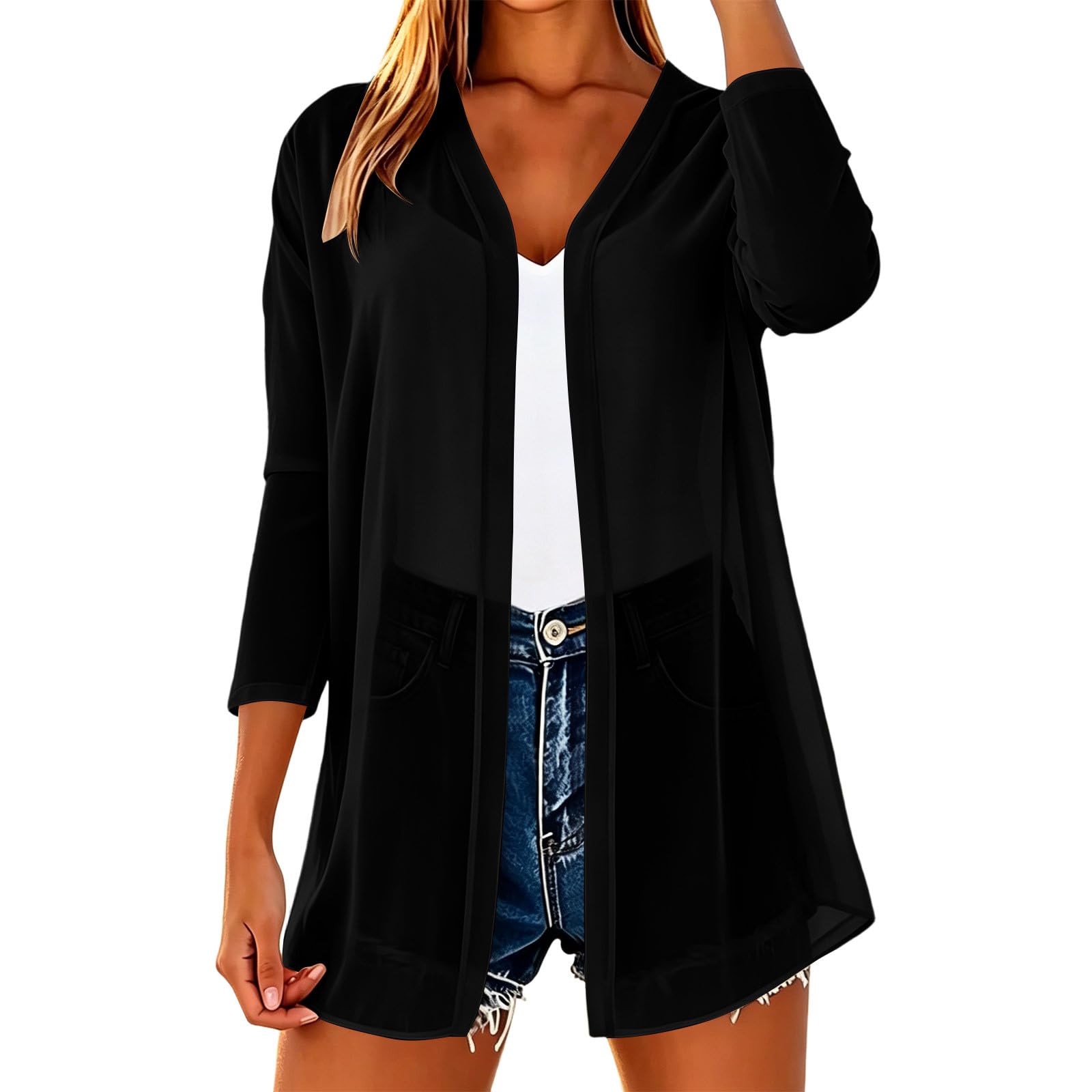 Women s Lightweight Chiffon Cardigan 3/4 Sleeve Loose Fit Summer Open Front Jacket L чёрный