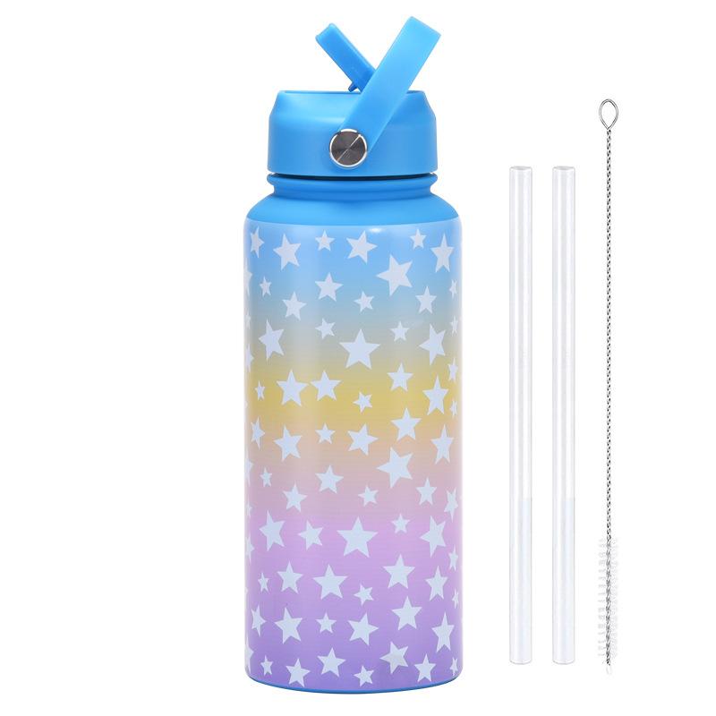 

Sports Kettle Stainless Steel Large Capacity 1L Printed Large Mouth Thermos Cup Portable Handle Straw Water Cup 1L