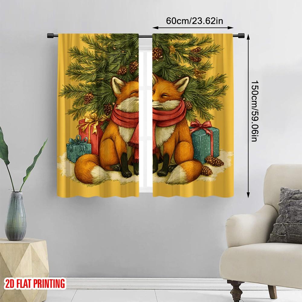 2pcs,2D Plane Printing Contemporary Curtains Cozy Foxes In Red Scarves with Pine & Gifts Versatile Fabric (without Rod) Art Deco