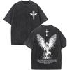 Vintage Washed Black Angel Cross Print T-Shirt Oversized Streetwear Tee Casual Crew Neck Style Short Sleeve Top