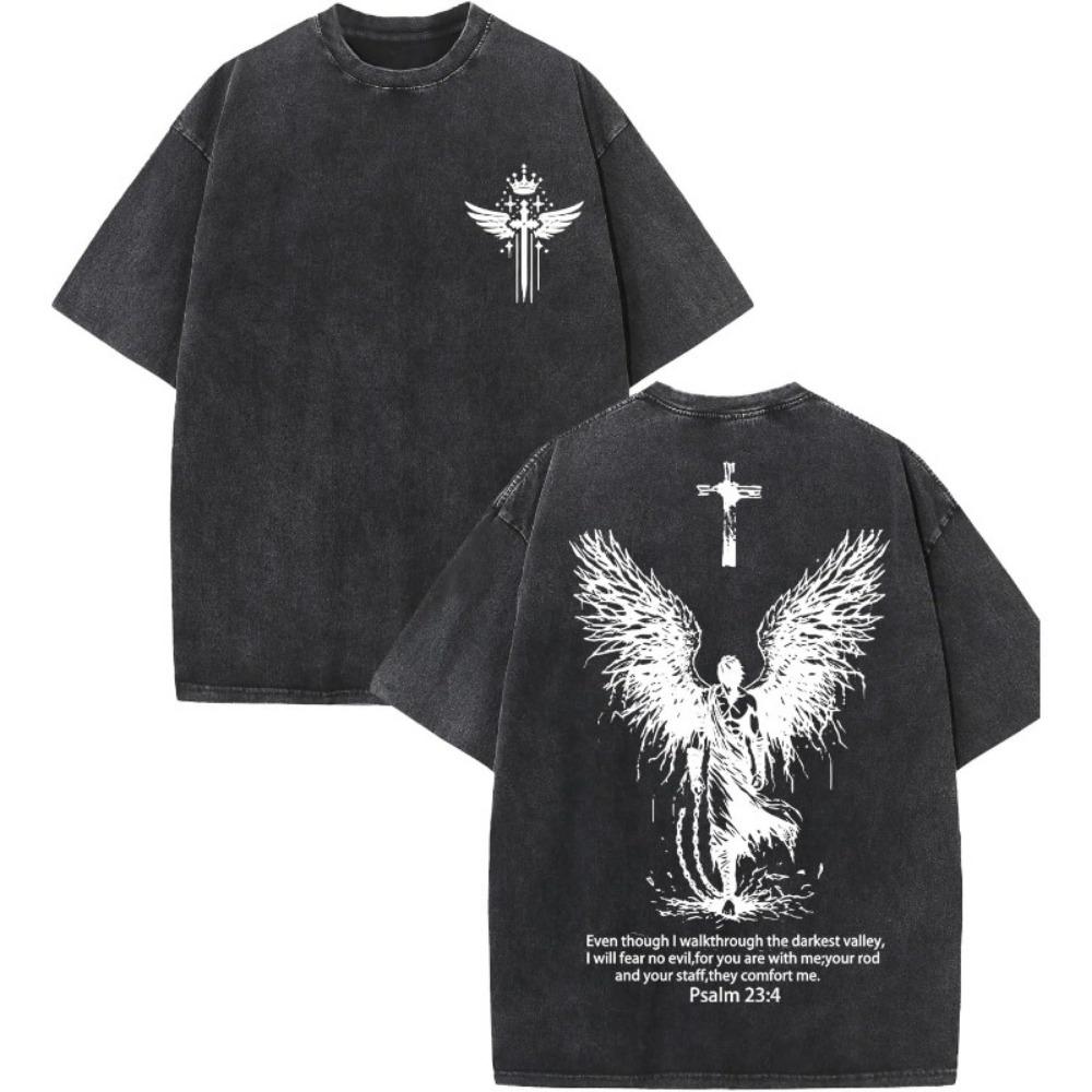 Vintage Washed Black Angel Cross Print T-Shirt Oversized Streetwear Tee Casual Crew Neck Style Short Sleeve Top