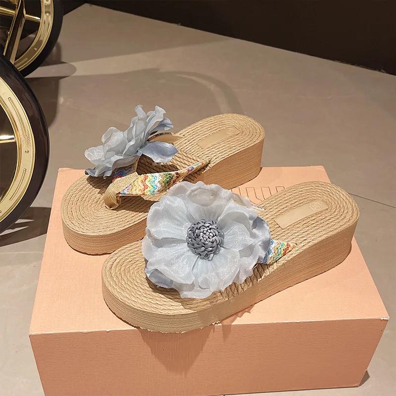 Summer Wedges Flip Flops Shoes Women Flower Thick Bottom Vacation Beach Slippers Casual Middle Hees Slides Zapatos De Mujer