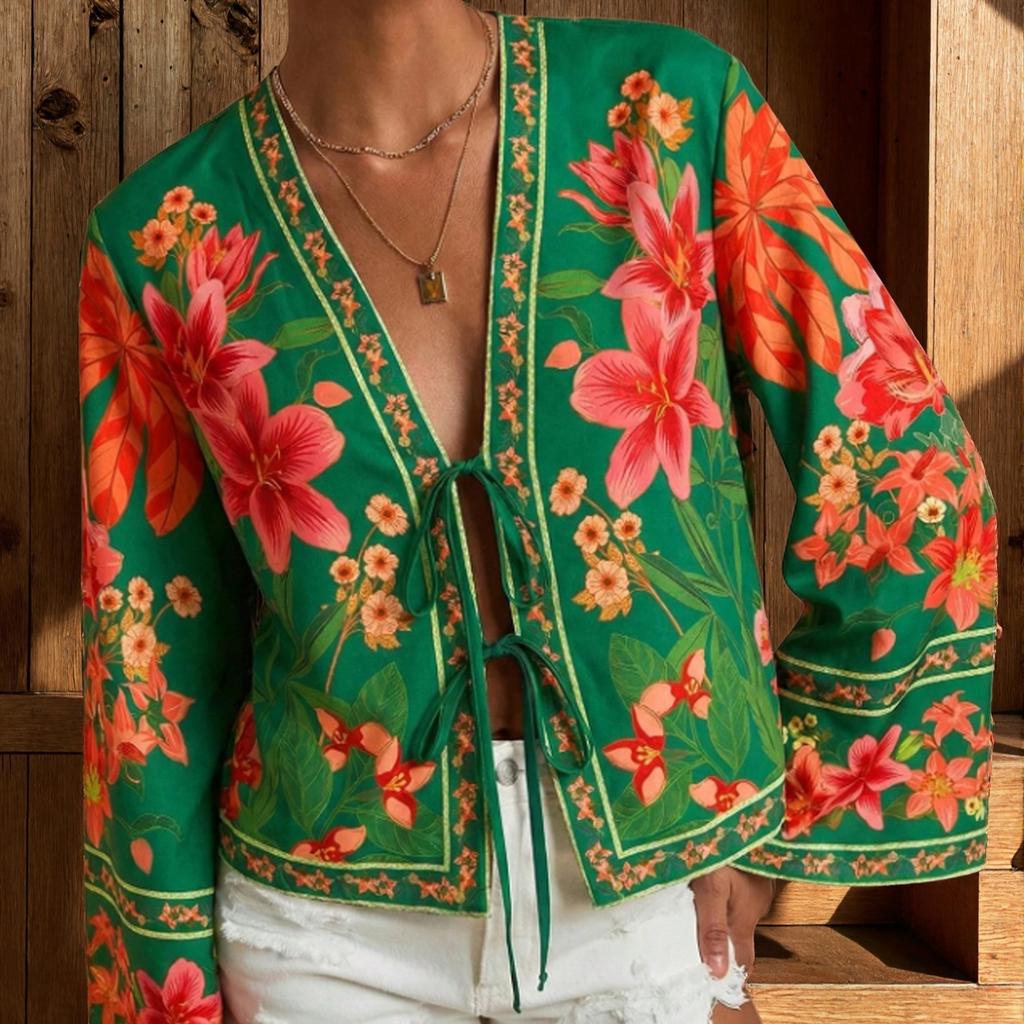 Bohemian Vintage Large Floral Print Tie Front Cardigan Women Fall Long Sleeve V-Neck Open Front Romantic Lazy Style Layering Piece
