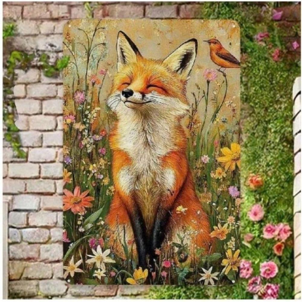 Metal Poster Wall Art, Fox with Flowers Vintage, Home Decor