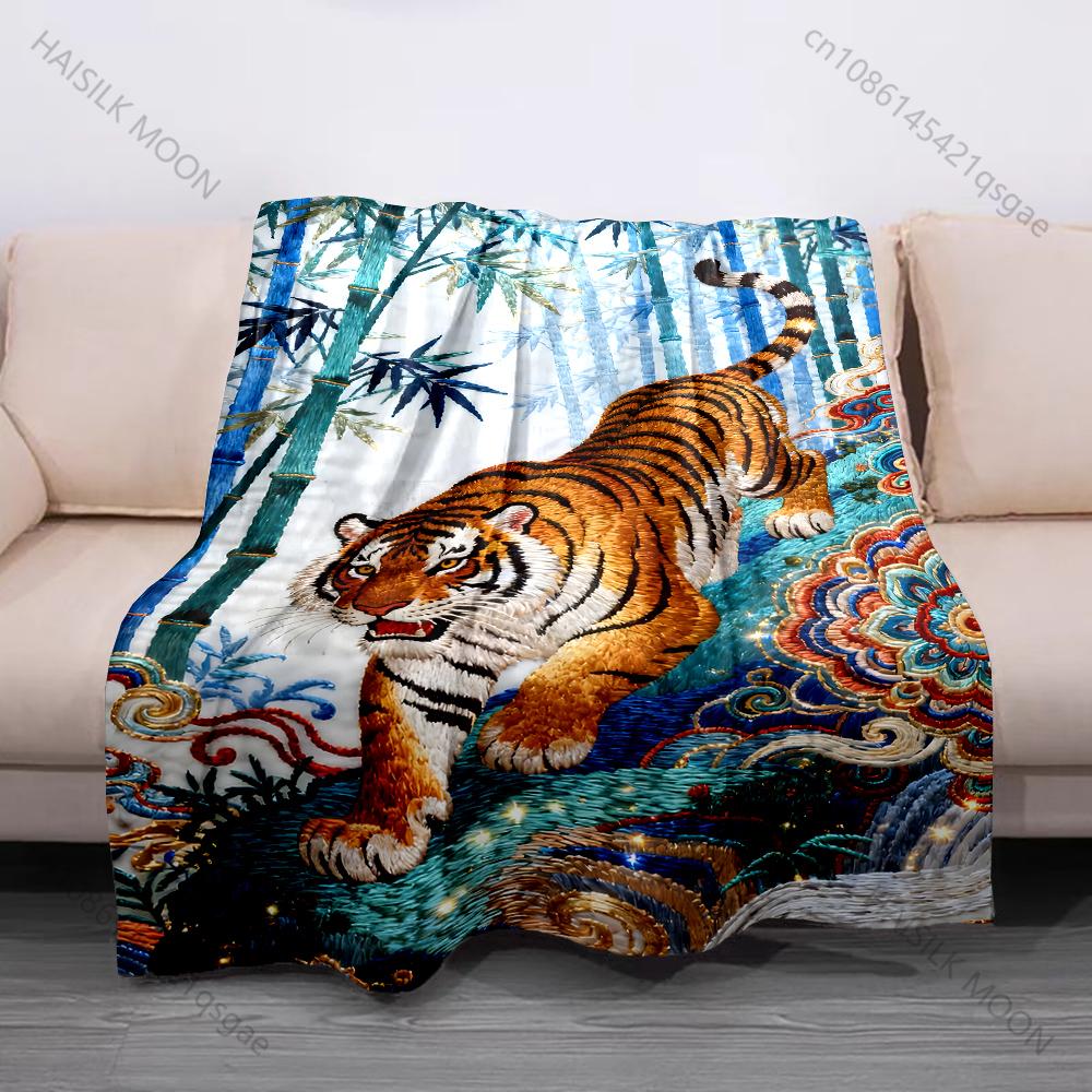 Embroidered Pattern with Tiger and Bamboo Blanket Suitable for Home Bedroom Sofa Travel Camping Blanket Various Sizes for Gifts