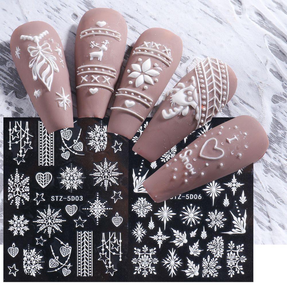 Slider Decals White New Year Design Charms Flower 5D Embossed Snowflakes Christmas Nail Sticker