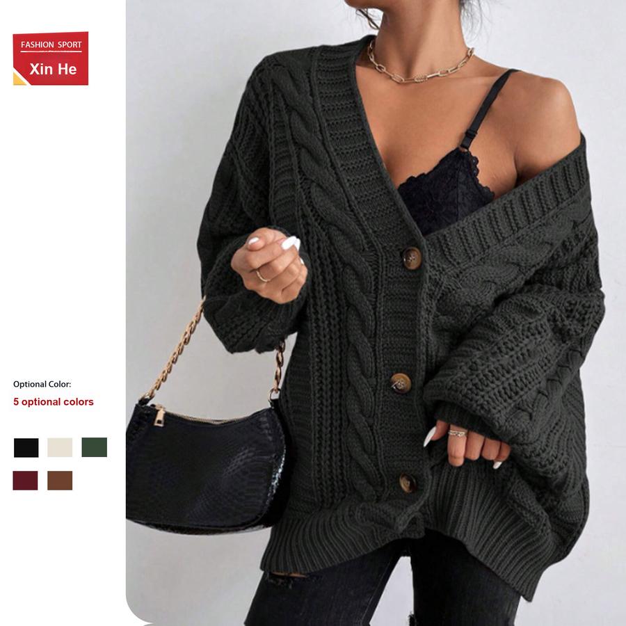 Women's Oversized V-Neck Knit Sweater Vintage Style Cardigan Long Sleeve Shawl
